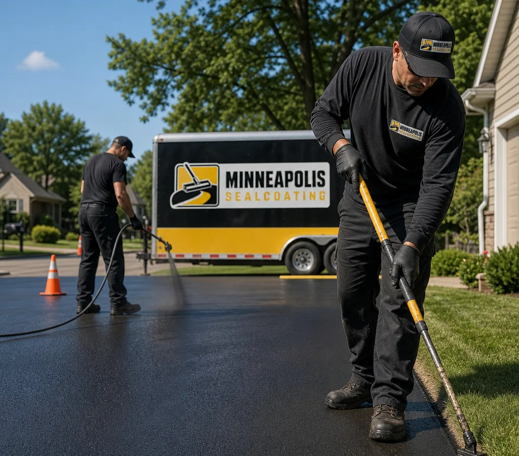 Crew applying fresh asphalt sealer with clean brushed edges on a Minneapolis residential driveway