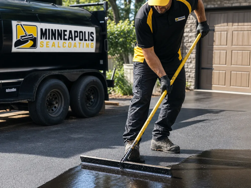 Technician spreading sealer evenly across a driveway apron