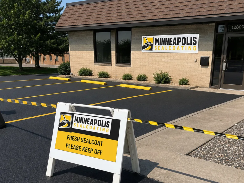 Freshly sealed parking area protected with cure-time barricades