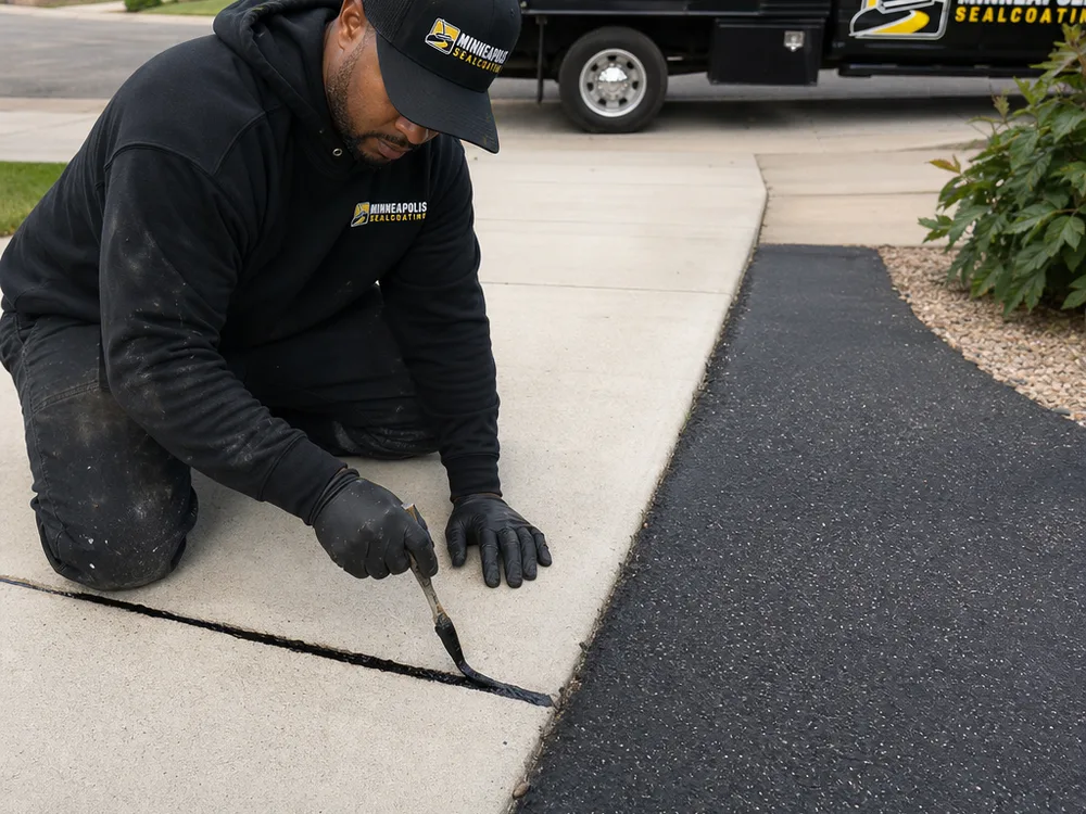 Crack filling and detailed cut-in work along a concrete sidewalk before sealcoat application