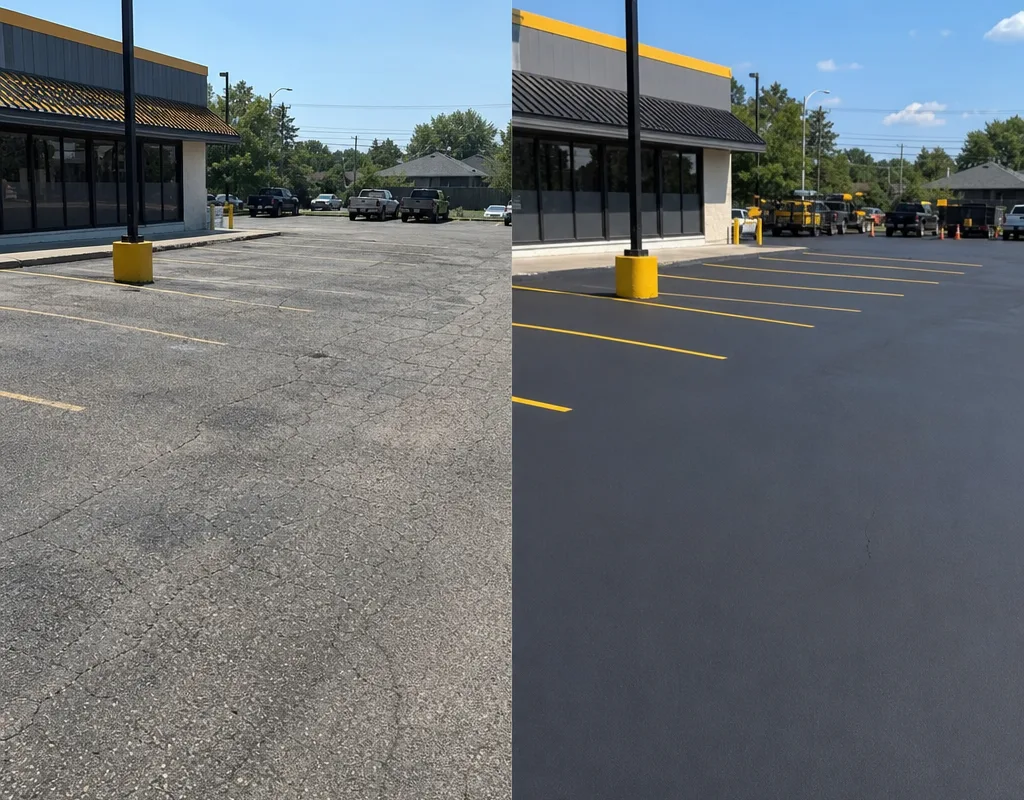 Before and after comparison of a worn commercial asphalt lot and the same lot after crack sealing and sealcoating