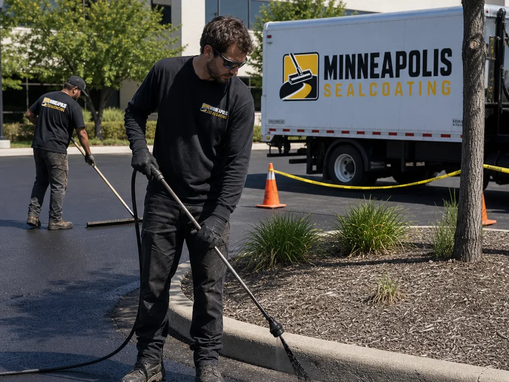 Crew applying sealcoat to a commercial asphalt lot with a phased closure along the curbs