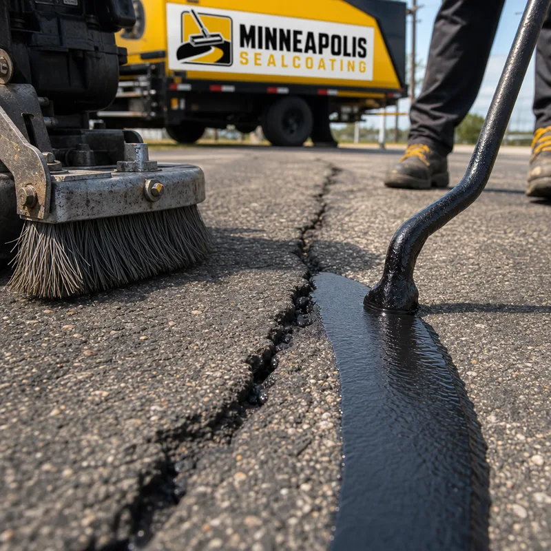 Cleaned asphalt cracks being prepared and filled with rubberized sealant on a Minneapolis parking lot