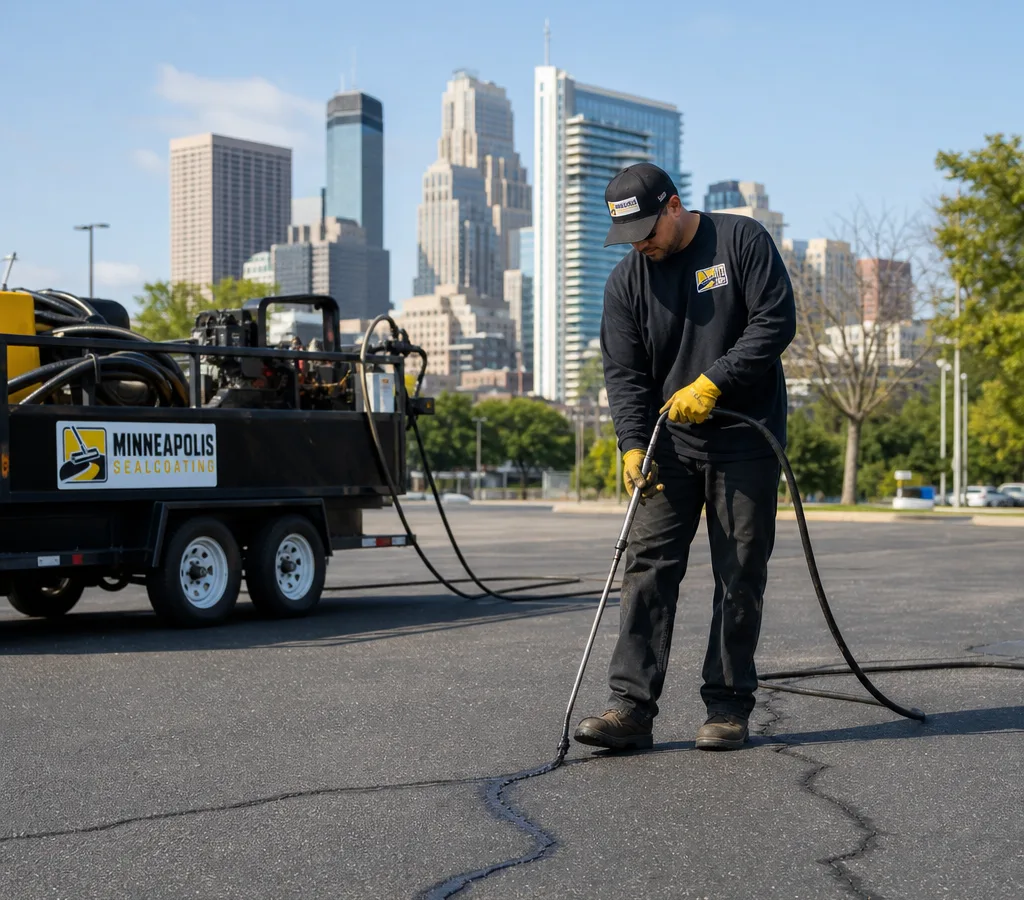 Crew routing and filling cracks on a Minneapolis asphalt parking lot with a hot pour crack filler applicator