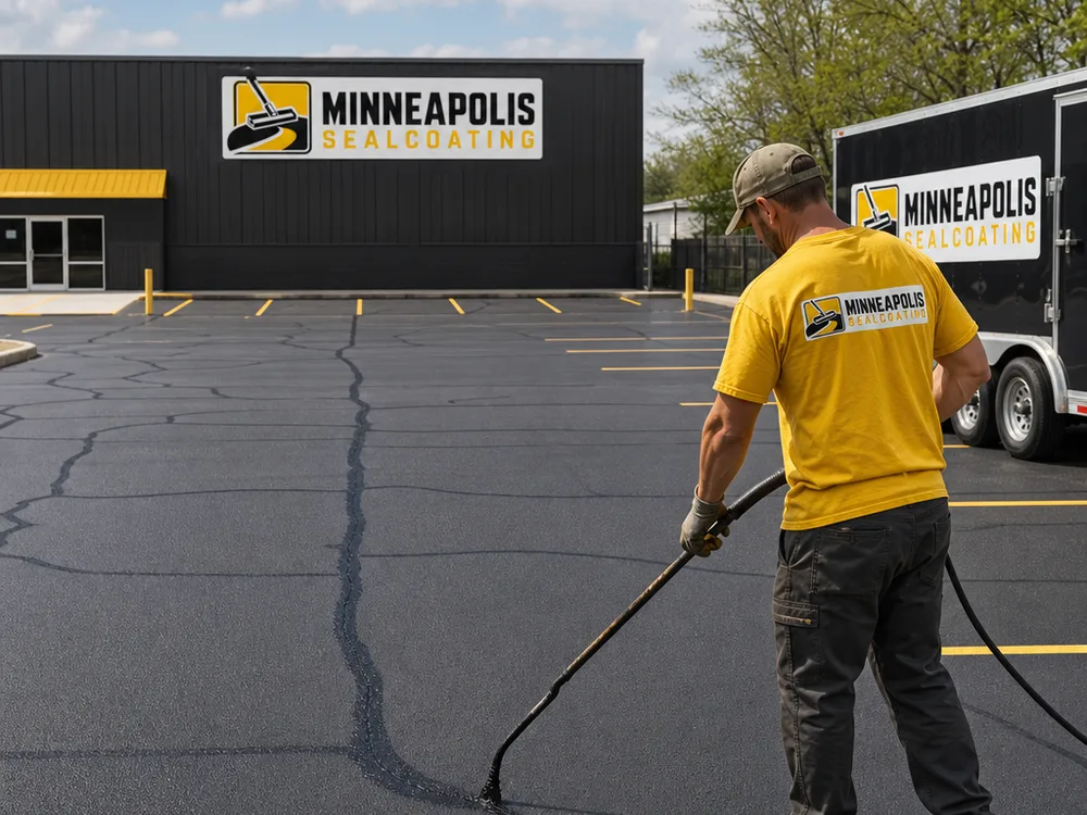 Commercial parking lot with tidy crack sealing along long joints and transverse cracks