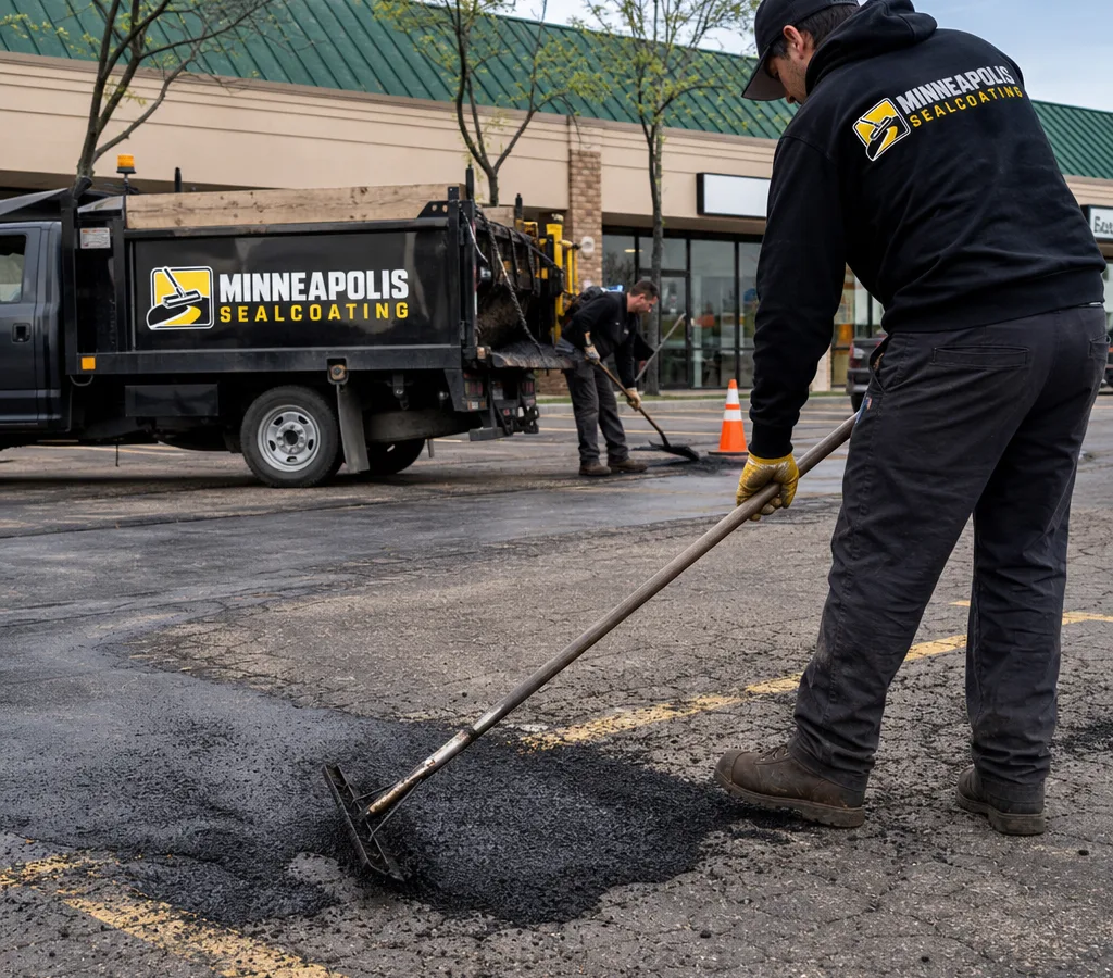 Minneapolis commercial parking lot crew patching potholes and cracked asphalt near painted striping