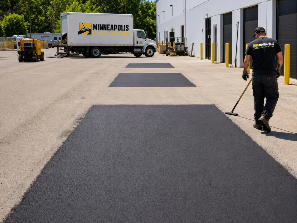 Commercial parking lot drive lane with multiple clean rectangular asphalt patches aligned with traffic flow