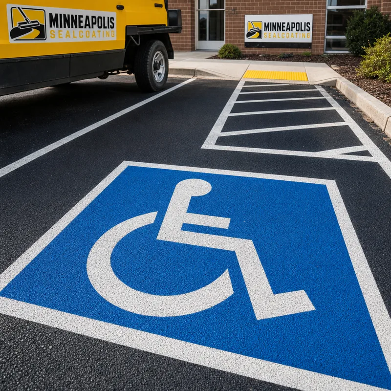 Accessible parking stall with symbol and striped access aisle beside a curb ramp