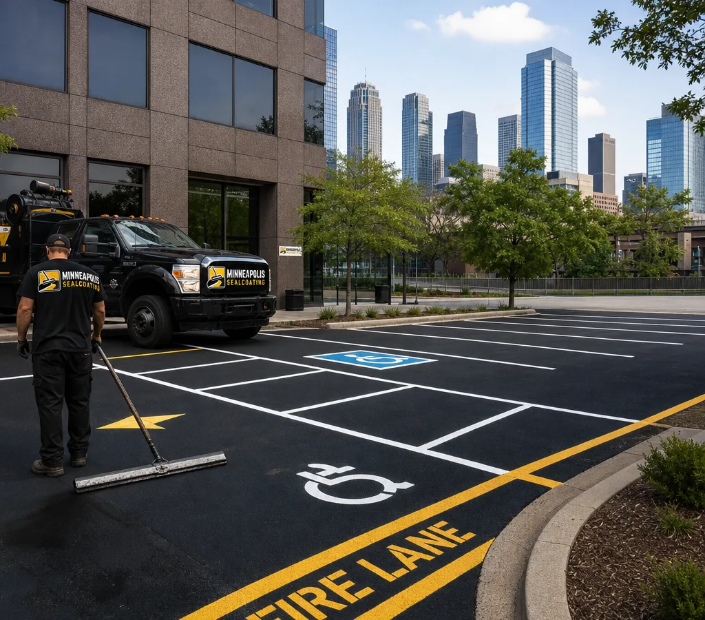 Freshly striped commercial parking lot in Minneapolis with crisp stall lines, directional markings, an accessible stall and a marked fire lane