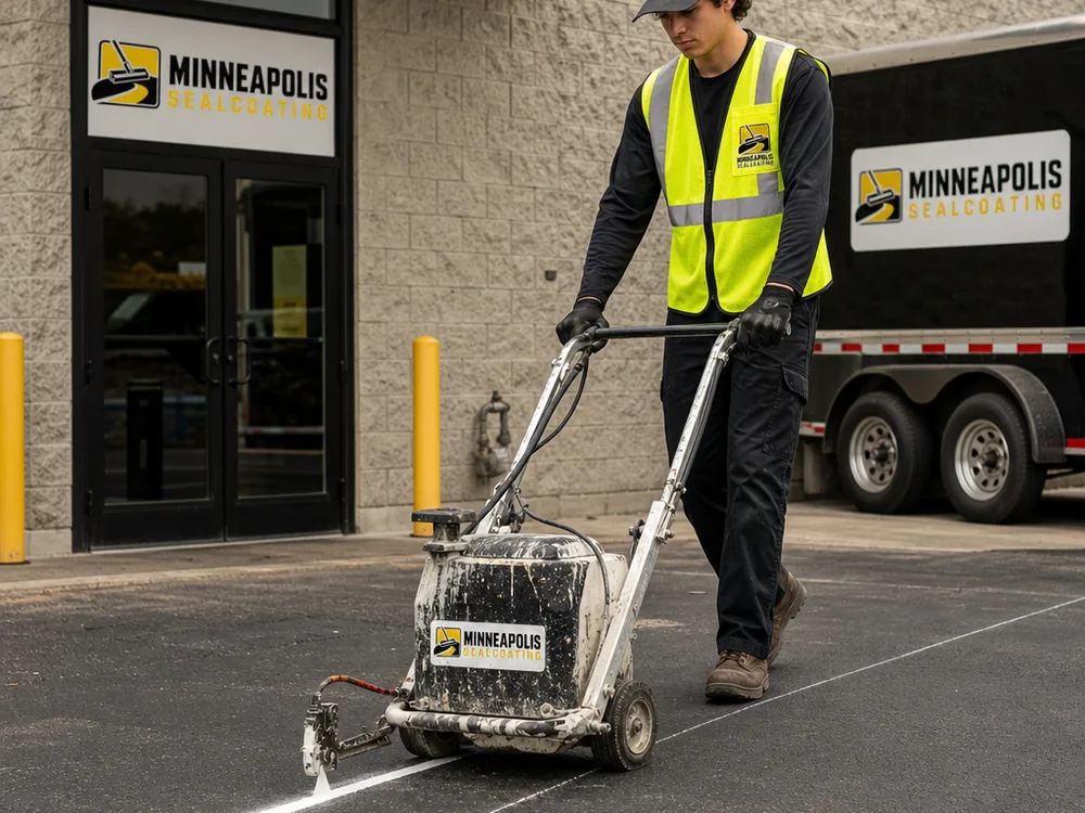 Striping technician using a line striping machine along chalk layout marks on asphalt